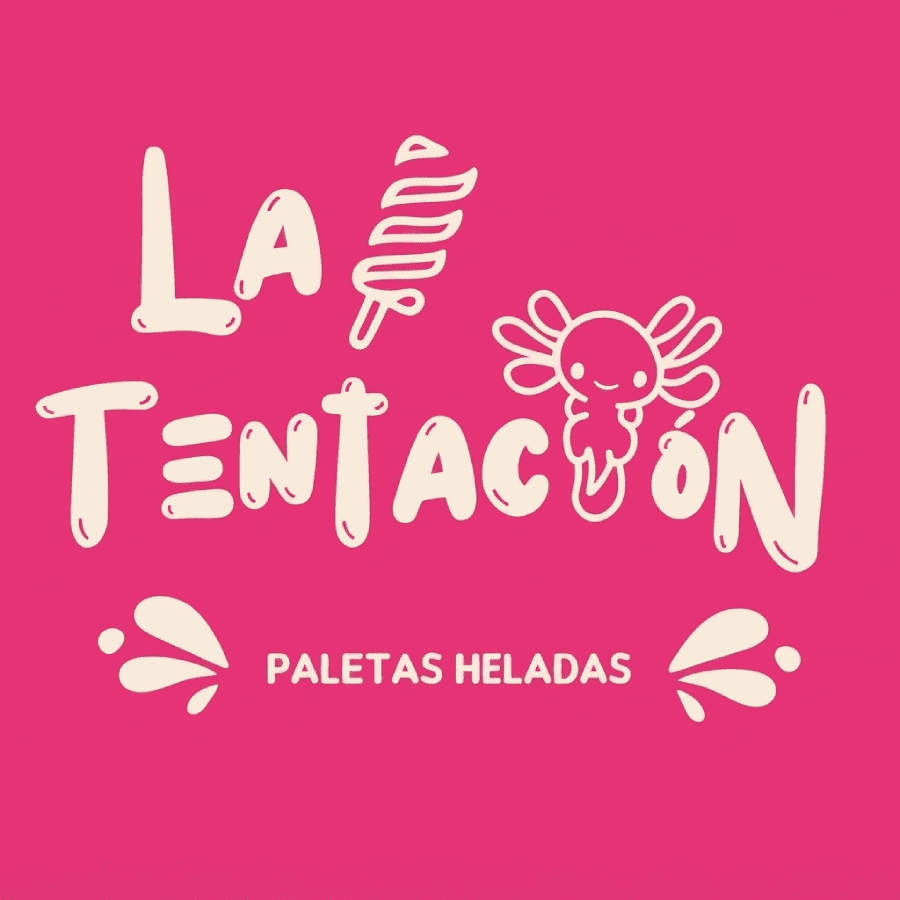 Logotipo de "La Tentación Paletas Heladas" sobre fondo rosa vibrante, con tipografía estilo burbuja en tonos crema, acompañado por un diseño de paleta helada, un tierno ajolote y detalles gráficos de salpicaduras a los lados